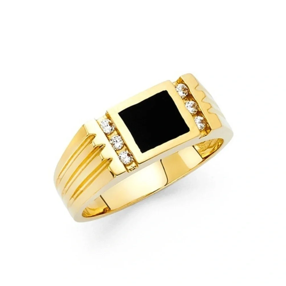 14K Yellow Gold Onyx Men's  CZ Ring Wedding Band